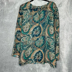 Fashion Bug 20W 1X Shirt Top Green Paisley Long Sleeve Keyhole Round Neck Sheer